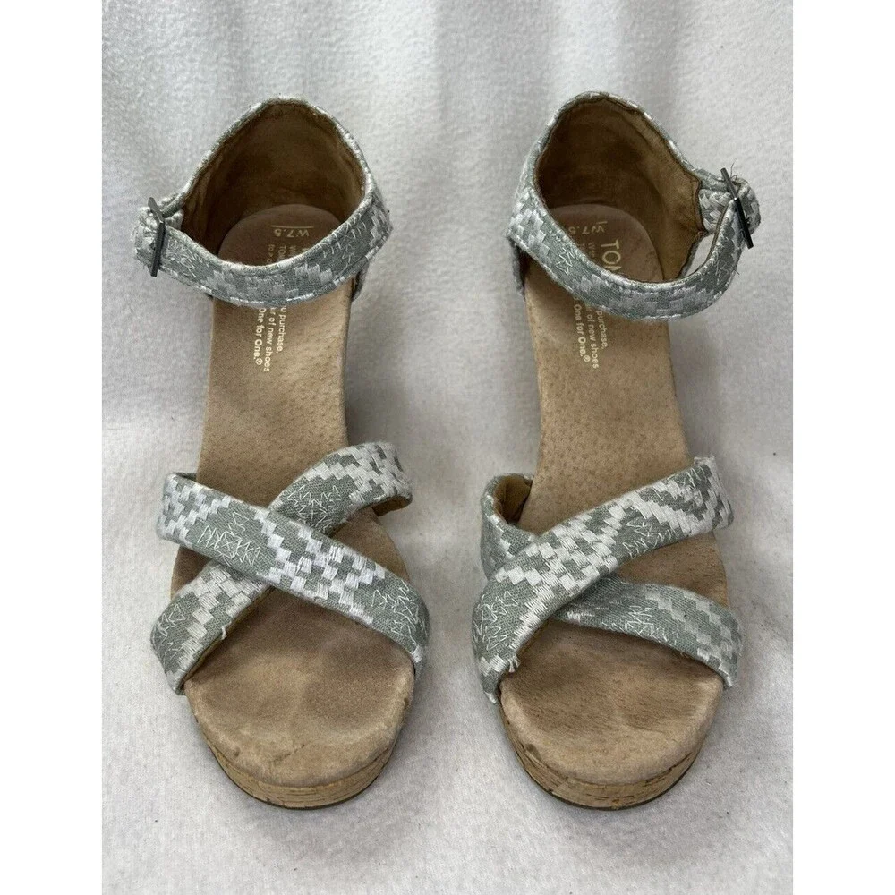 TOMS‎ Strappy Wedge Sandals Women 7.5 Sage Green Geometric Cork Heel